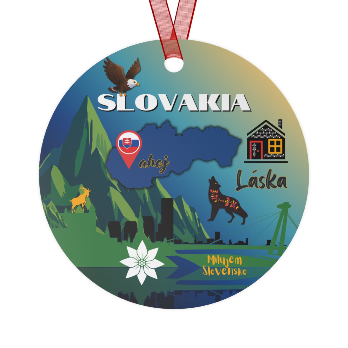 Round decorative item with Slovakian elements including an eagle, mountains, a house, and a dog, on a white background.