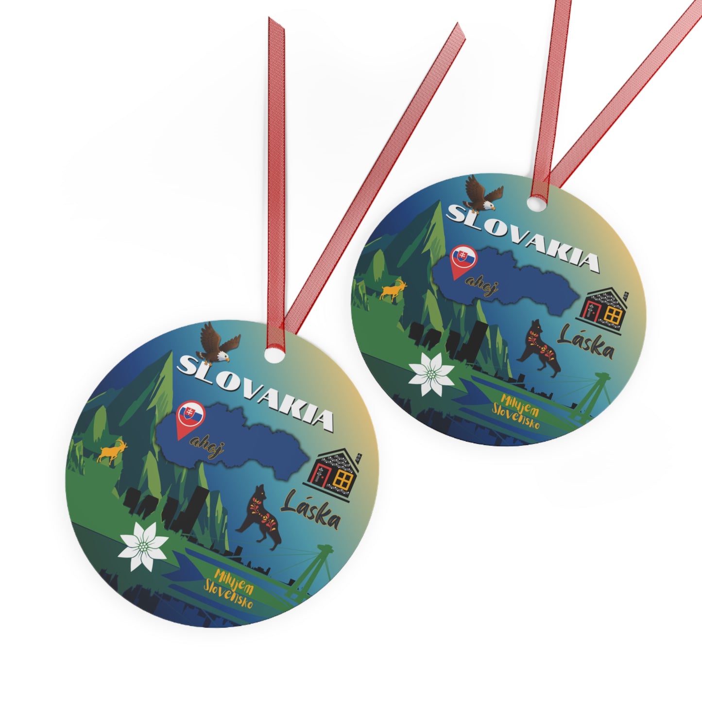 Two circular ornaments with illustrations of Slovakia on a white background