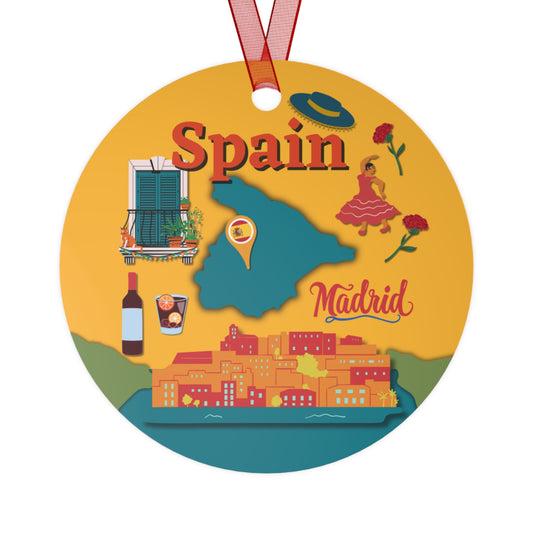 Round decorative item with illustrations of Spain, Madrid, and cultural elements on a yellow background.