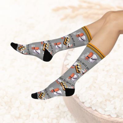 Sushi "Rice To Meet You" Socks Food Pun Unisex Adult Stretchy Mid Calf Original
