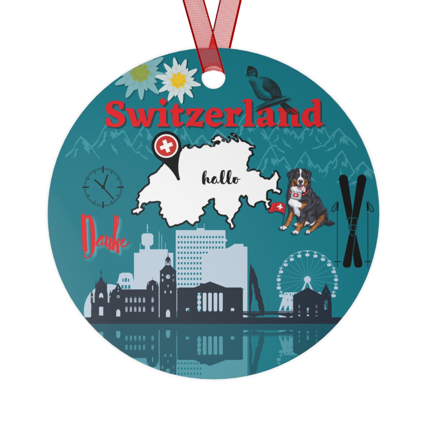 Circular ornament with Swiss-themed illustrations and text on a white background