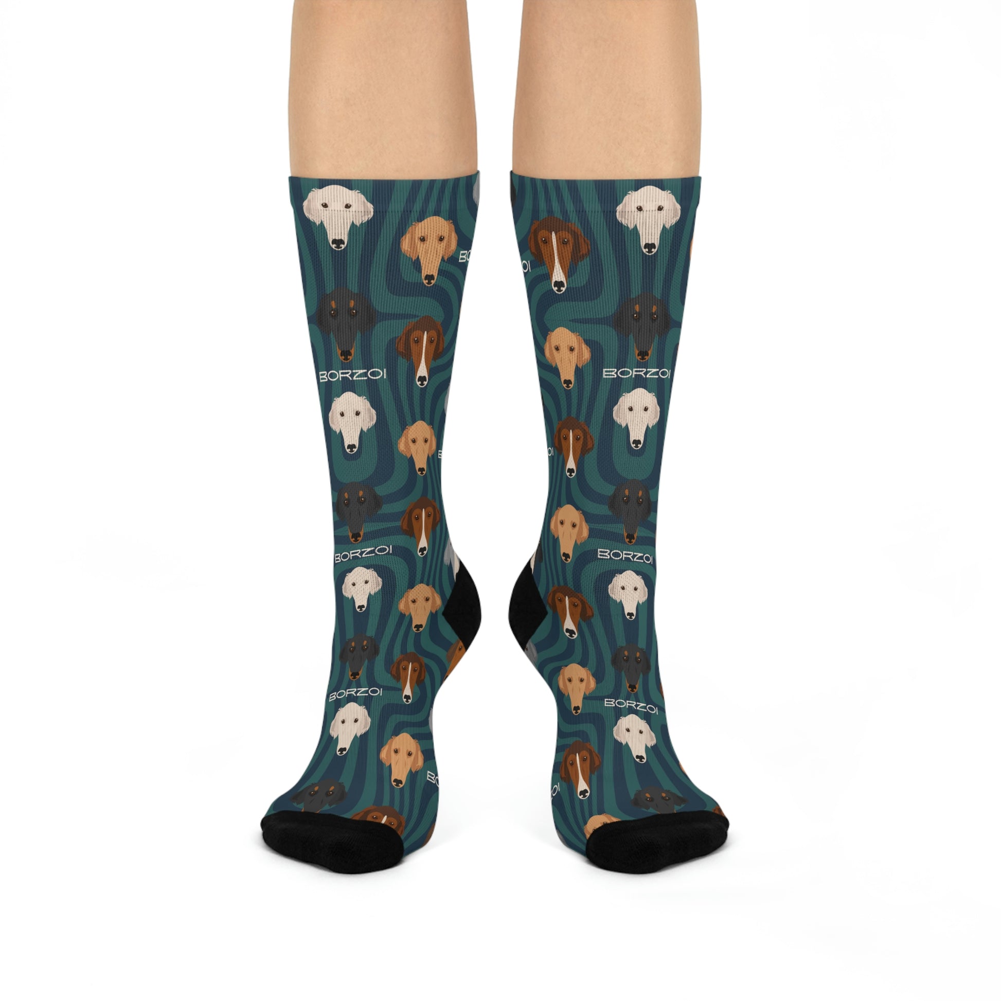 A pair of blue socks with a modern unisex design featuring illustrations of Borzoi dogs in various poses.