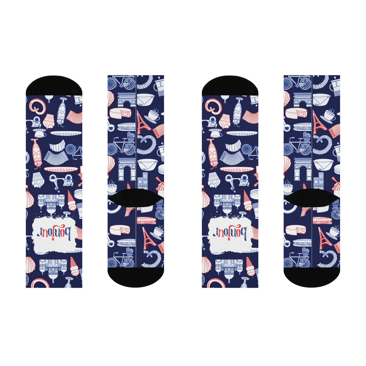 A pair of blue and navy colored socks with a design featuring French motifs such as the Eiffel Tower, a chocolate dessert, and other cultural elements.