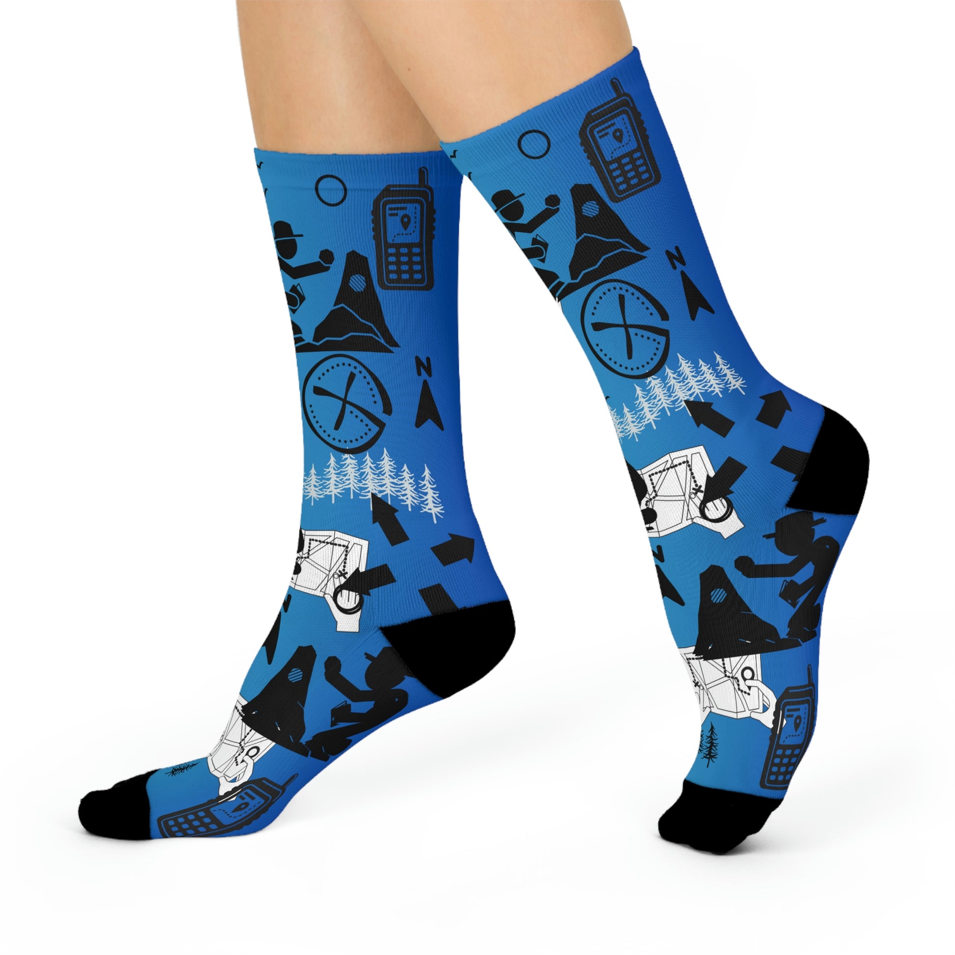 Geocaching Socks iconography caching gps, trees, compass, maps, arrows, geocachers