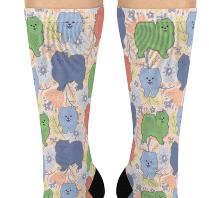 Pomeranian Dog Crew Socks, colorful, pastels, trendy design, men's, women's gift socks - The Dapper Dogg