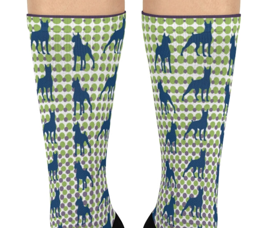 Boxer Dog Crew Socks, blue Boxers on digital looking background, men's, women's, and teens unisex socks - The Dapper Dogg