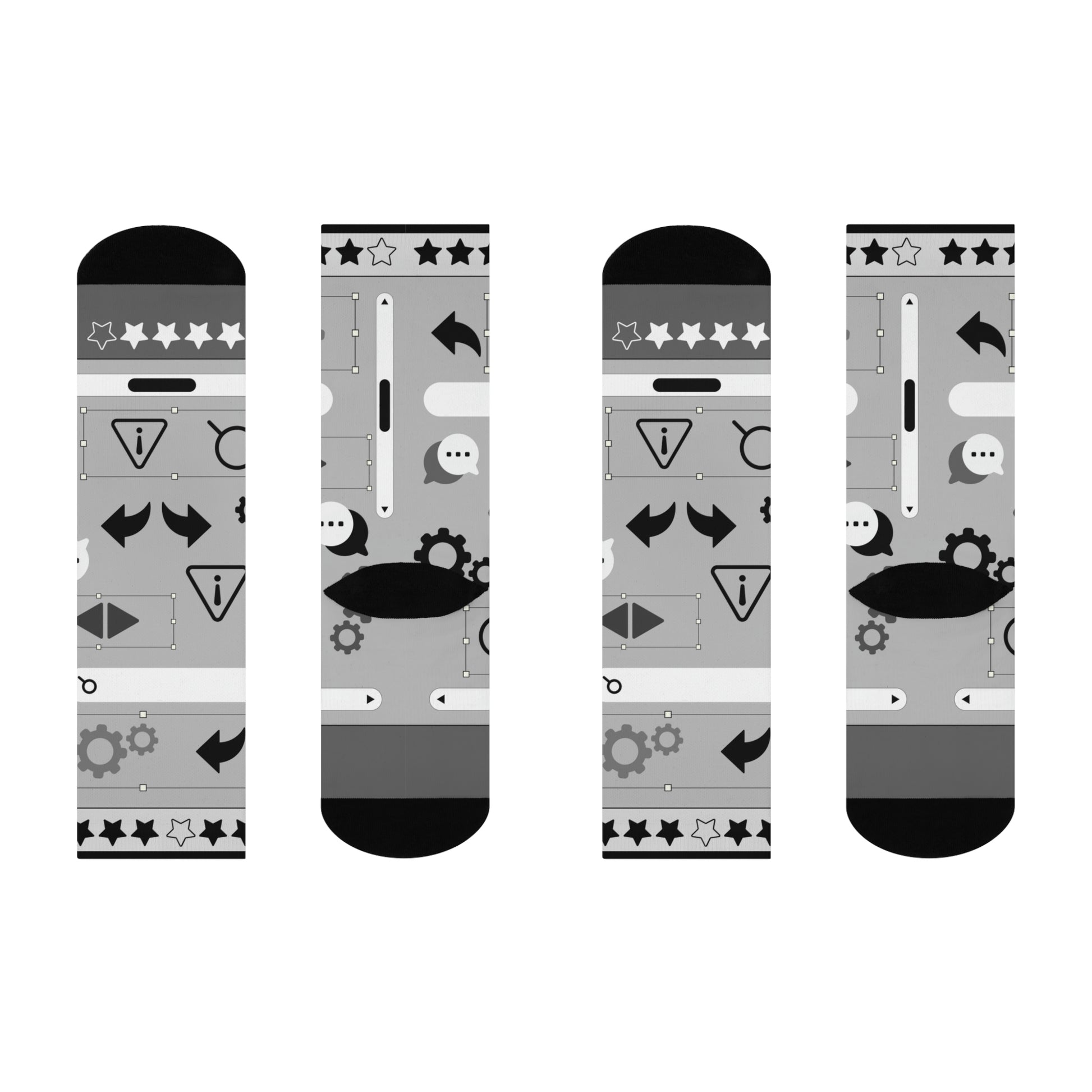 A pair of gray socks with a design of stars, gears, and other graphic elements related to user experience (UX) design.