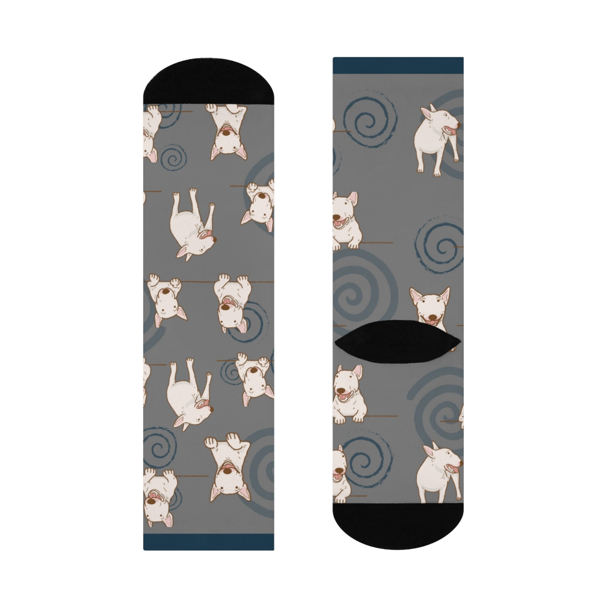Bull Terrier Crew Socks, slate blue, ivory, and mocha colors, cute, trendy, Bully men's women's, and teen socks - The Dapper Dogg
