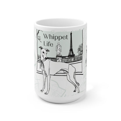 Whippet Life Coffee Mug, Large 15 oz Dog Gift, Ceramic, Whippet in Paris - The Dapper Dogg